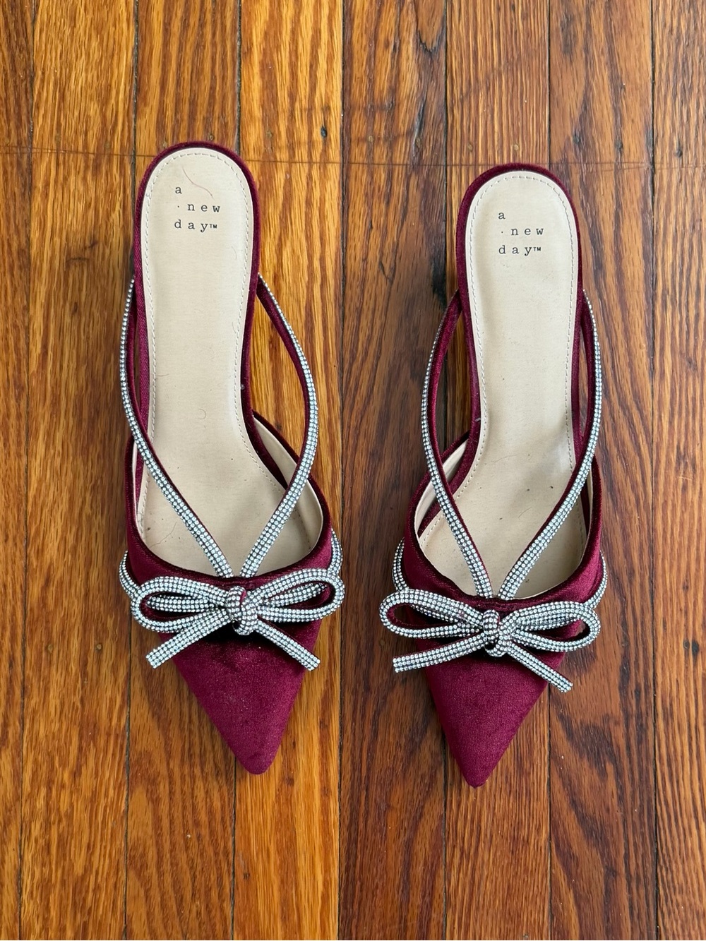 a new day Burgundy Pointed Toe Bow Slingback Mules with Rhinestone Trim